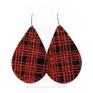 Red Glitter Plaid Buffalo Check Black Velvet Drop Dangle Earrings Holiday New